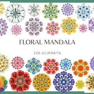 Blommandala Clipart: 120 PNG, 300 DPI | Boho Mandala Livfull Blommandala Konst Meditation Yoga Andlig Helig Geometri (Kommersiellt bruk)