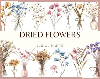 Boho Dried Flower Clipart: Watercolor Rustic Bouquets (Digital Download, 110 PNGs, 300 DPI)