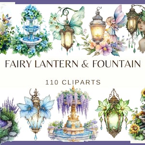 Puede incluir: Un conjunto de 110 imágenes de clipart de acuarela con linternas de hadas y fuentes. Las imágenes incluyen varios diseños con flores, mariposas y otros elementos caprichosos.