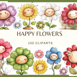 Flores Felices: 100 imágenes PNG, 300 DPI Clipart Kawaii Sonriente Floral Caprichoso (Uso Comercial, Digital)