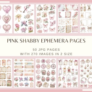 Puede incluir: Páginas de efímeras rosas shabby con imágenes de corazones, llaves, mariposas, flores, etiquetas, botones y lazos. El texto dice "PINK SHABBY EPHEMERA PAGES" y "50 JPG PAGES WITH 270 IMAGES IN 2 SIZE."