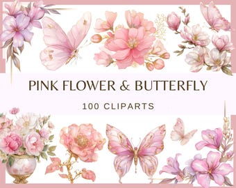 PINK FLOWERS & BUTTERFLY - 100 clip arts (300 dpi, commercial use, bundle, digital, floral, luxury butterfly, pink fashion, png)