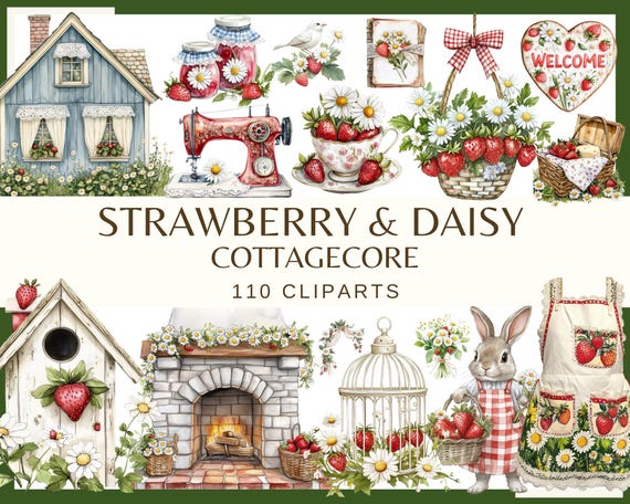 Strawberry Daisy Cottagecore Clipart: Watercolor Floral PNG (Digital Download)