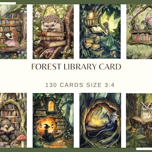 May include: A set of eight fantasy art cards featuring forest library scenes. Each card depicts a different creature, such as a fairy, dragon, or owl, reading books in a whimsical forest setting. The text "FOREST LIBRARY CARD" and "130 CARDS SIZE 3:4" are displayed.