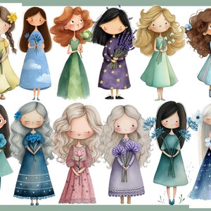 May include: Watercolor illustrations of various cartoon girls, each holding flowers. The girls have different hairstyles and wear dresses in shades of yellow, blue, green, purple, and pink. Some dresses have star patterns.
