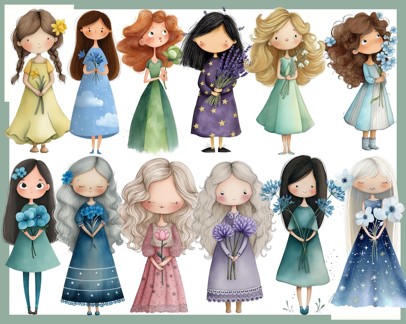 May include: Watercolor illustrations of various cartoon girls, each holding flowers. The girls have different hairstyles and wear dresses in shades of yellow, blue, green, purple, and pink. Some dresses have star patterns.