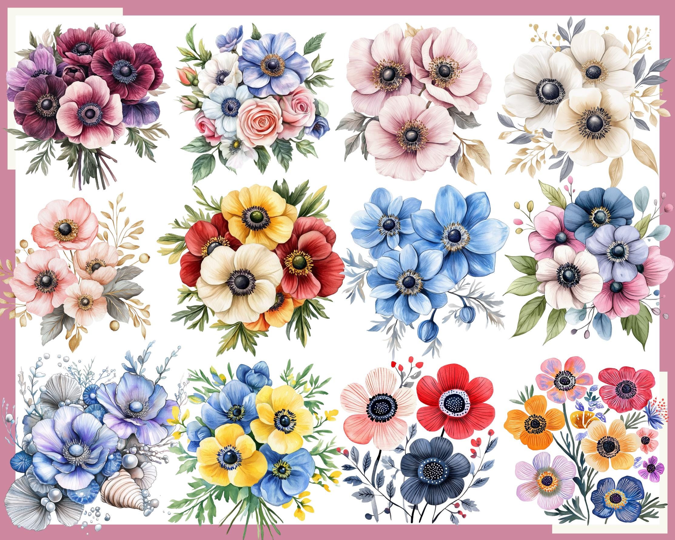 アネモネの花のクリップアートバンドル：ピンク、紫、青の水彩画（300