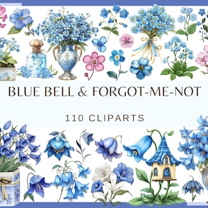 Flores de campanilla azul y nomeolvidé: 110 imágenes prediseñadas (300 ppp, floral, naturaleza, jardín, florero, pastel, ramo, png, primavera, flor, hada, casa)