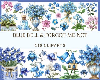 May include: A collection of 110 bluebell and forget-me-not flower clipart images. The images feature bluebells in vases, bouquets, and individual flowers. There are also forget-me-not flowers in bouquets, vases, and individual flowers. The images are perfect for crafting, scrapbooking, and digital design.