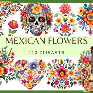 Może przedstawiać: Kolekcja 110 kolorowych obrazów clipart z meksykańskimi kwiatami. Obrazy obejmują czaszkę z kwiatami, kompozycję kwiatową w kształcie serca, bukiet kwiatów w wazonie i gitarę z kwiatowymi wzorami.