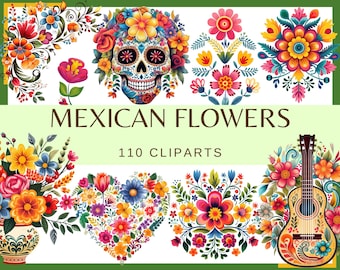 MEXICAN FLOWERS - 110 clip arts (300 dpi, mexico, otomi, cinco de mayo party, vivid flowers, skull with flower, guitar, junk journal, png)