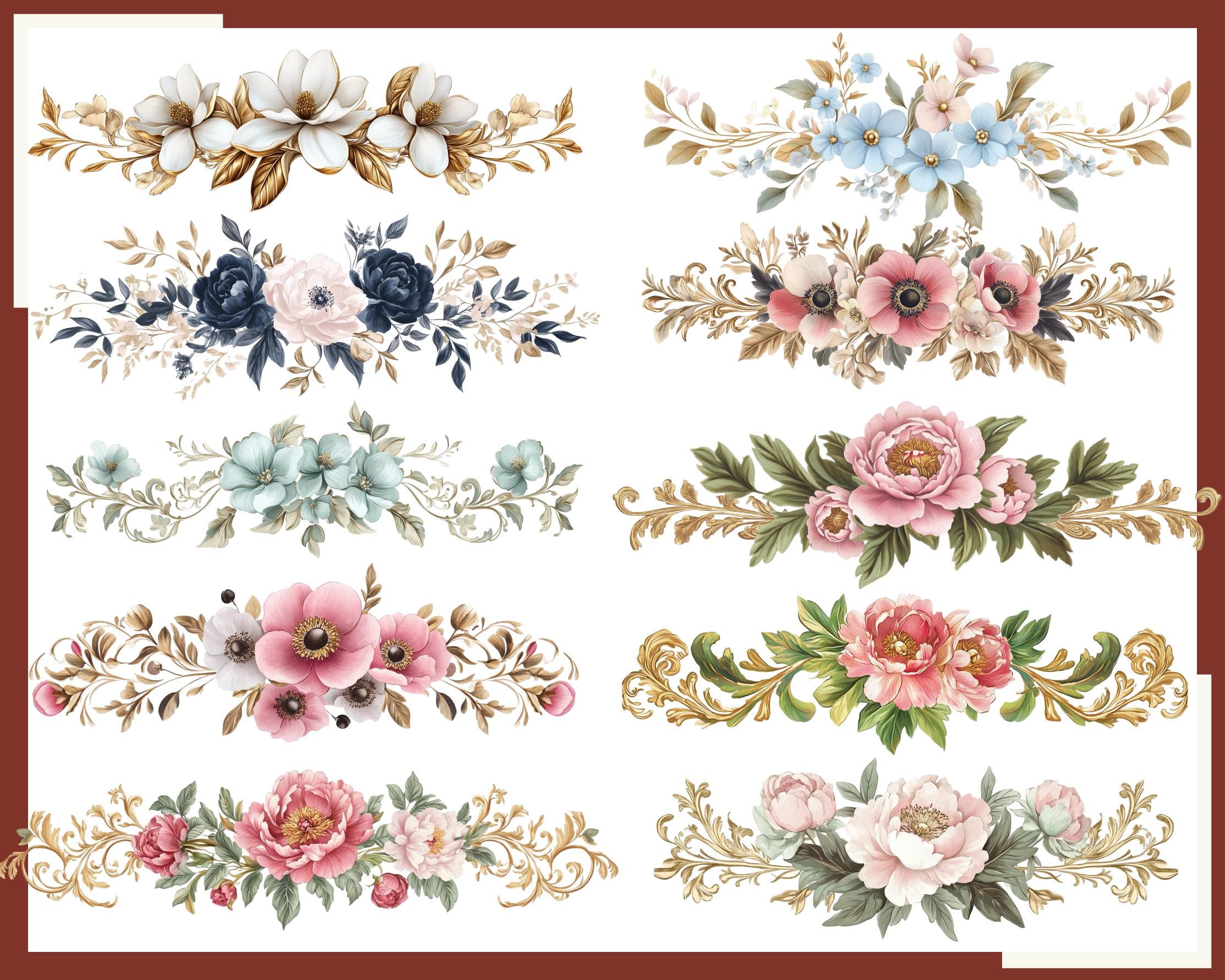 Watercolor Floral Header Clipart: PNG Flower Borders (digital Download ...
