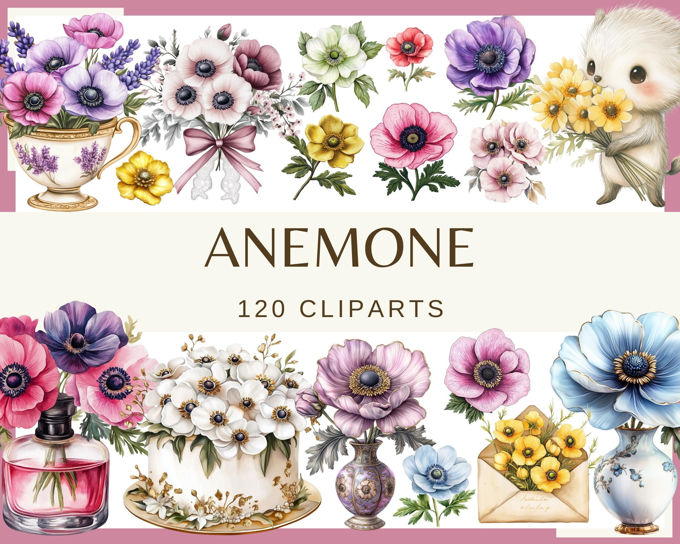 アネモネの花のクリップアートバンドル：ピンク、紫、青の水彩画（300