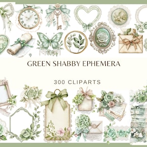 Puede incluir: Una colección de imágenes prediseñadas de efímeras shabby chic verdes, que incluyen lazos, un reloj de bolsillo, una llave, un corazón y una mariposa. La imagen también incluye marcos, rosas y etiquetas. El texto "GREEN SHABBY EPHEMERA" y "300 CLIPARTS" son visibles.