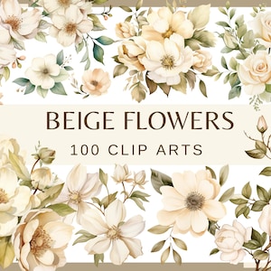 Può includere: Una collezione di 100 immagini di clip art di fiori ad acquerello beige e crema. I fiori sono disposti in una varietà di bouquet e fiori singoli. I fiori sono tutti in tonalità di beige, crema e bianco.