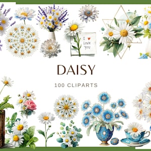 May include: Watercolor illustrations of daisies in various arrangements. The image includes bouquets, single flowers, and decorative designs. The text "DAISY" and "100 CLIPARTS" are also present. The color palette features white, yellow, green, and blue.