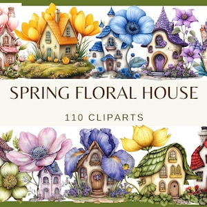 May include: A set of 110 spring floral house clip art images. The images feature whimsical houses with flower accents, including blue, yellow, pink, and red flowers. The houses are decorated with details like windows, doors, and chimneys.