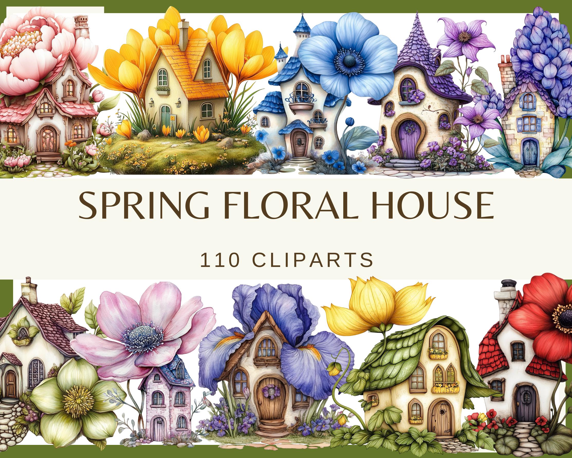 SPRING FLORAL HOUSE - 110 watercolor clip arts (fantasy fairy home, 300 dpi Nursery Decor png crocus peony poppy blue bell daffodil primula)