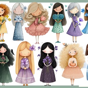 May include: Watercolor illustrations of cartoon girls in various dresses, each holding flowers. The girls have different hairstyles and skin tones. The dresses are in shades of yellow, blue, pink, green, and purple. The overall theme is whimsical and feminine.