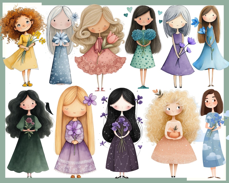 May include: Watercolor illustrations of cartoon girls in various dresses, each holding flowers. The girls have different hairstyles and skin tones. The dresses are in shades of yellow, blue, pink, green, and purple. The overall theme is whimsical and feminine.