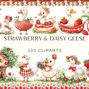 以下が含まれることがあります： イチゴとデイジーのガチョウを描いた水彩イラスト。画像には「STRAWBERRY & DAISY GEESE」と「120 CLIPARTS」の文字が含まれています。ガチョウは帽子、リボン、アクセサリーで飾られ、イチゴとデイジーに囲まれています。