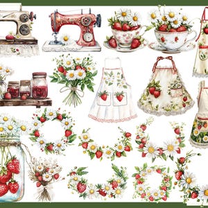 K&ouml;nnte beinhalten: Aquarellillustrationen von N&auml;hmaschinen, Sch&uuml;rzen, Teetassen, Marmeladengl&auml;sern und Blumenkr&auml;nzen. Die Designs zeigen Erdbeeren und G&auml;nsebl&uuml;mchen im Vintage-Stil. Die Farbpalette umfasst Rot, Wei&szlig;, Gr&uuml;n und Creme.