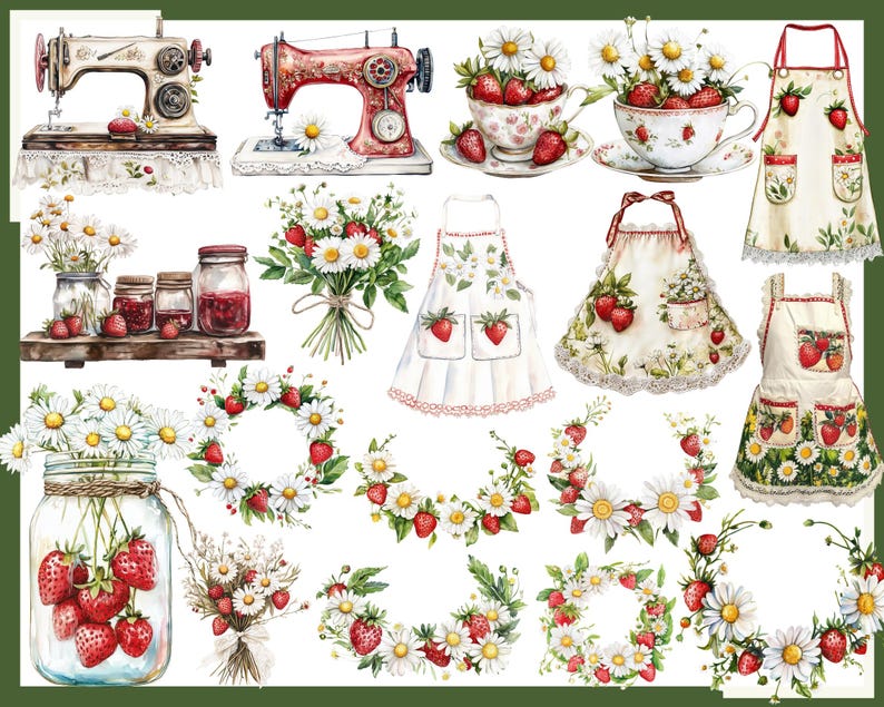 K&ouml;nnte beinhalten: Aquarellillustrationen von N&auml;hmaschinen, Sch&uuml;rzen, Teetassen, Marmeladengl&auml;sern und Blumenkr&auml;nzen. Die Designs zeigen Erdbeeren und G&auml;nsebl&uuml;mchen im Vintage-Stil. Die Farbpalette umfasst Rot, Wei&szlig;, Gr&uuml;n und Creme.