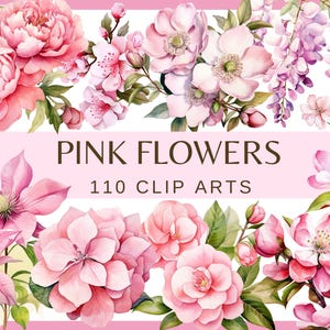 May include: A collection of 110 pink watercolor flower clip art images. The images include various types of flowers, such as peonies, roses, and cherry blossoms.