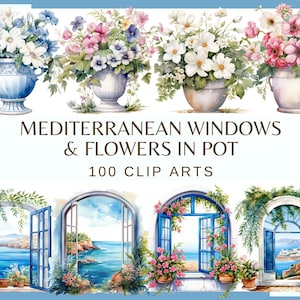 Puede incluir: Un conjunto digital de 100 imágenes de clip art que representan ventanas mediterráneas y flores en macetas. Las imágenes están en un estilo de acuarela y presentan una variedad de colores, incluyendo azul, verde, blanco y rosa.