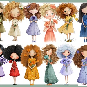 May include: Watercolor illustration of eleven girls, each holding flowers. The girls are depicted in various dresses in shades of green, yellow, orange, blue, and purple. Their hairstyles and the flowers they hold vary, creating a diverse and charming collection.