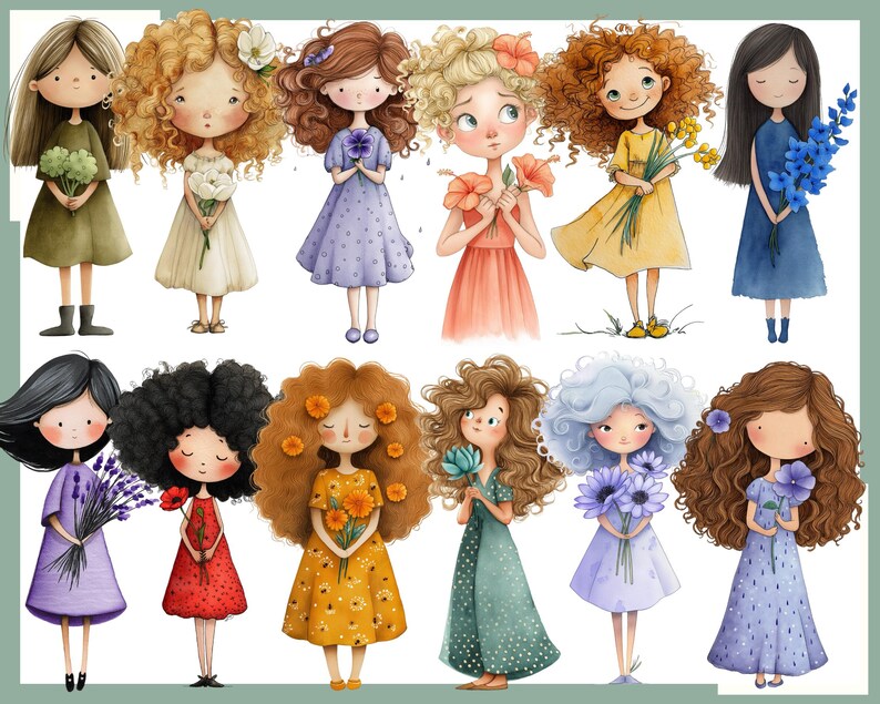 May include: Watercolor illustration of eleven girls, each holding flowers. The girls are depicted in various dresses in shades of green, yellow, orange, blue, and purple. Their hairstyles and the flowers they hold vary, creating a diverse and charming collection.