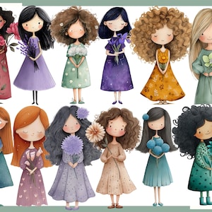 May include: Watercolor illustrations of ten girls, each holding flowers. The girls have different skin tones, hairstyles, and wear dresses in various colors, including purple, green, and orange. The artwork has a whimsical, storybook style.