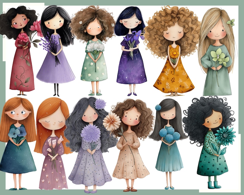 May include: Watercolor illustrations of ten girls, each holding flowers. The girls have different skin tones, hairstyles, and wear dresses in various colors, including purple, green, and orange. The artwork has a whimsical, storybook style.
