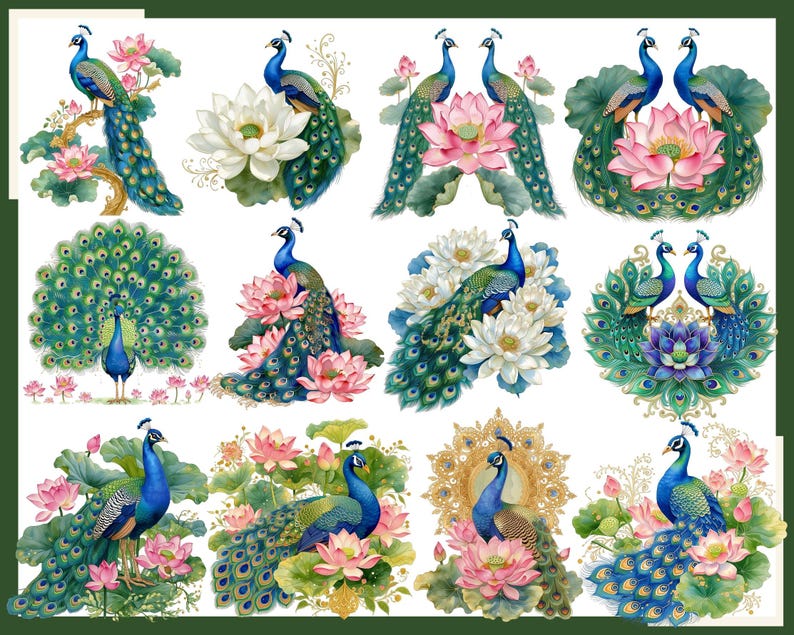 K&ouml;nnte beinhalten: Eine Sammlung von zw&ouml;lf digitalen Illustrationen mit Pfauen mit schillerndem blauem und gr&uuml;nem Gefieder, dargestellt neben rosa und wei&szlig;en Lotusbl&uuml;ten, gr&uuml;nen Seerosenbl&auml;ttern und verzierten goldenen Elementen auf wei&szlig;em Grund.