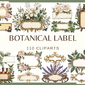 Könnte beinhalten: Eine Sammlung von botanischen Clip-Art-Elementen. Das Bild zeigt verschiedene Rahmen, Etiketten und dekorative Elemente mit floralen und Kräutermotiven. Der Text "BOTANICAL LABEL" und "110 CLIPARTS" ist deutlich sichtbar.