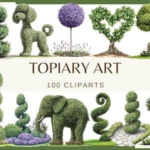 May include: A digital illustration featuring various topiary art forms, including a poodle, elephant, and heart-shaped tree. The image includes the text "TOPIARY ART" and "100 CLIPARTS" in a decorative font, showcasing a collection of garden-themed clip art.