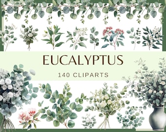 May include: Watercolor eucalyptus clipart collection featuring various arrangements of green and gray eucalyptus leaves, white flowers, and pink accents. The text "EUCALYPTUS 140 CLIPARTS" is displayed in a brown font, suitable for digital design projects.