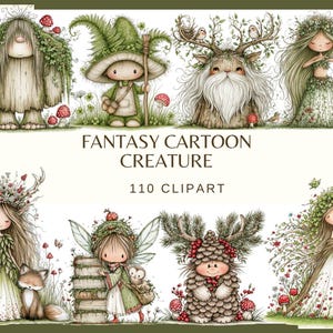 May include: A collection of 110 digital illustrations featuring fantasy cartoon creatures, including forest spirits, woodland beings, and fairies adorned with mushrooms, leaves, and pinecones, with the text FANTASY CARTOON CREATURE 110 CLIPART.