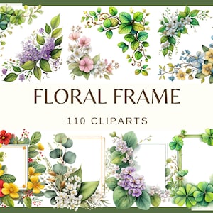CADRE FLORAL - 110 images clipart (300 dpi, cadre eucalyptus, lot png, numérique, nature, fleurs florales, feuilles d'arbres, verdure fougère aquarelle)