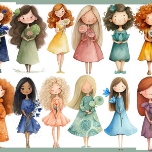 May include: Watercolor illustration of eleven cartoon girls with various hairstyles and dresses, each holding flowers. The girls are in different colors, including blue, green, yellow, and orange. The style is whimsical and charming.