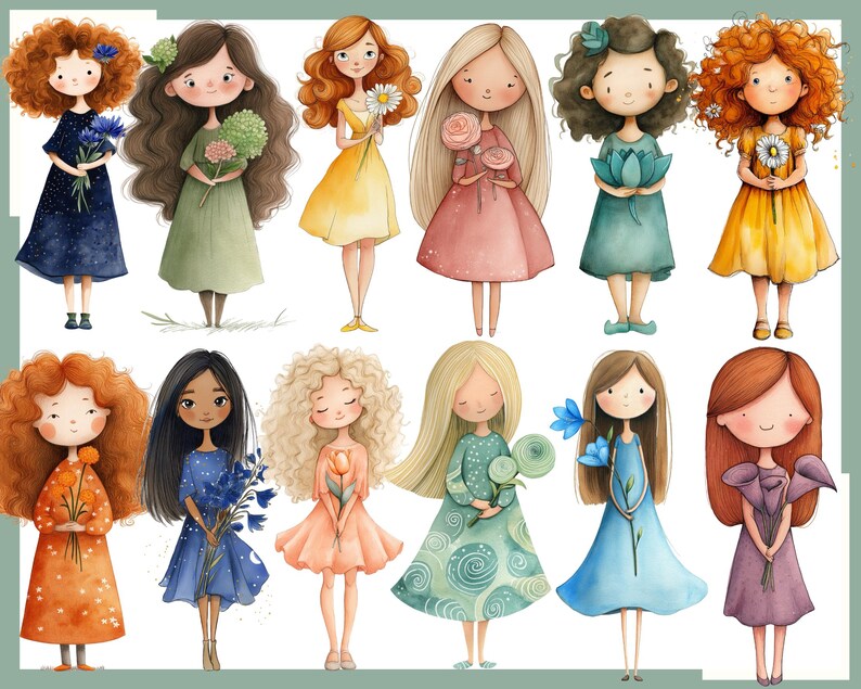 May include: Watercolor illustration of eleven cartoon girls with various hairstyles and dresses, each holding flowers. The girls are in different colors, including blue, green, yellow, and orange. The style is whimsical and charming.