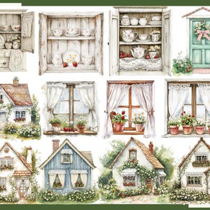 K&ouml;nnte beinhalten: Aquarellillustrationen mit Cottagecore-Motiven. Das Bild zeigt wei&szlig;e Schr&auml;nke mit Tassen und Untertassen, Fenster mit Spitzengardinen und Blument&ouml;pfen sowie charmante Landh&auml;user mit floralen Akzenten. Die Farbpalette umfasst weiche Wei&szlig;-, Gr&uuml;n- und Braunt&ouml;ne.