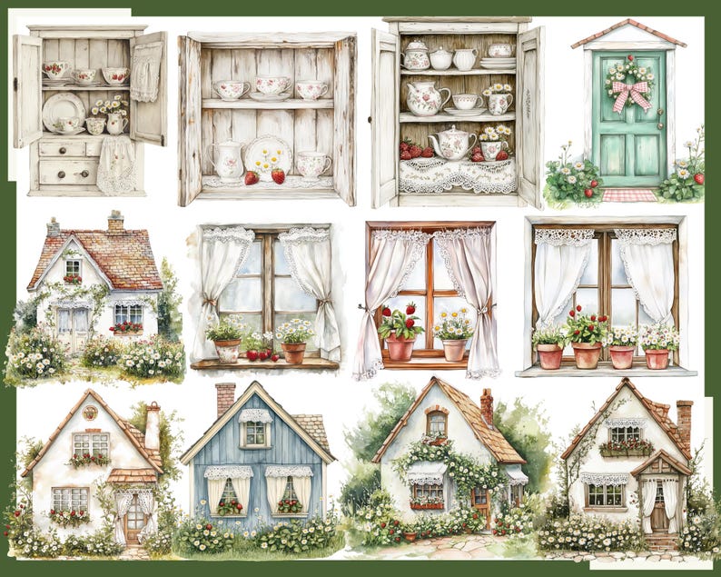 K&ouml;nnte beinhalten: Aquarellillustrationen mit Cottagecore-Motiven. Das Bild zeigt wei&szlig;e Schr&auml;nke mit Tassen und Untertassen, Fenster mit Spitzengardinen und Blument&ouml;pfen sowie charmante Landh&auml;user mit floralen Akzenten. Die Farbpalette umfasst weiche Wei&szlig;-, Gr&uuml;n- und Braunt&ouml;ne.