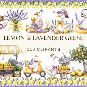 Puede incluir: Ilustración en acuarela con gansos caprichosos, limones y lavanda. La imagen incluye gansos con cámaras, sombreros y auriculares, junto con un puesto de mercado, un scooter y un árbol. El texto dice "Lemon & Lavender Geese" y "110 Cliparts".