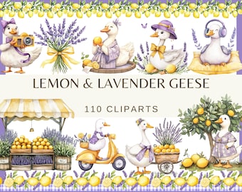 Clipart di oche al limone e lavanda: Cottagecore Watercolor PNG (download digitale)
