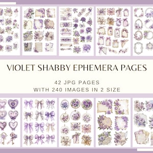 Könnte beinhalten: Eine Sammlung digitaler Ephemera-Seiten im Violett-Shabby-Chic-Stil. Das Bild zeigt verschiedene Designs, darunter Blumenarrangements, Rahmen, Schleifen, Herzen und Schlüssel. Der Text lautet "VIOLET SHABBY EPHEMERA PAGES" mit Angaben zu Seiten und Bildern.