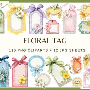 Floral Tags: 100 PNG, 12 JPG Sheets, 300 DPI Shabby Chic Label | Scrapbook & Journal Ephemera | Gift Tags (Commercial Use)