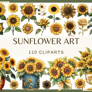 Może przedstawiać: Kolekcja 110 obrazów clipart słoneczników w różnych stylach i rozmiarach. Słoneczniki są żółte z brązowymi środkami i zielonymi liśćmi. Tekst "SUNFLOWER ART" i "110 CLIPARTS" jest wyświetlany brązowym tekstem na białym tle.