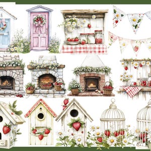 K&ouml;nnte beinhalten: Aquarellillustrationen verschiedener dekorativer Elemente, darunter Vogelh&auml;user, T&uuml;ren, Kamine und Wimpelketten. Die Designs zeigen Erdbeeren, G&auml;nsebl&uuml;mchen und florale Akzente mit einer charmanten, rustikalen &Auml;sthetik. Die Farbpalette umfasst sanfte Pastellt&ouml;ne und nat&uuml;rliche Farbt&ouml;ne.
