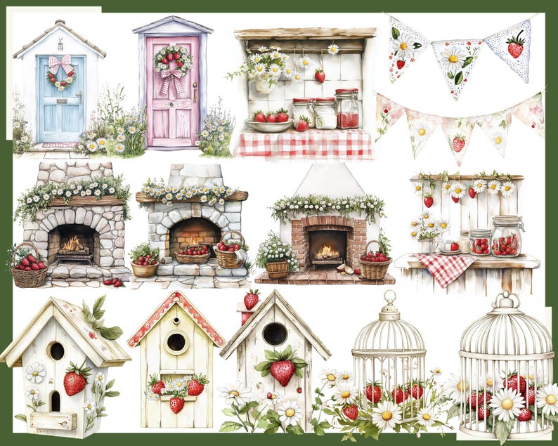 K&ouml;nnte beinhalten: Aquarellillustrationen verschiedener dekorativer Elemente, darunter Vogelh&auml;user, T&uuml;ren, Kamine und Wimpelketten. Die Designs zeigen Erdbeeren, G&auml;nsebl&uuml;mchen und florale Akzente mit einer charmanten, rustikalen &Auml;sthetik. Die Farbpalette umfasst sanfte Pastellt&ouml;ne und nat&uuml;rliche Farbt&ouml;ne.